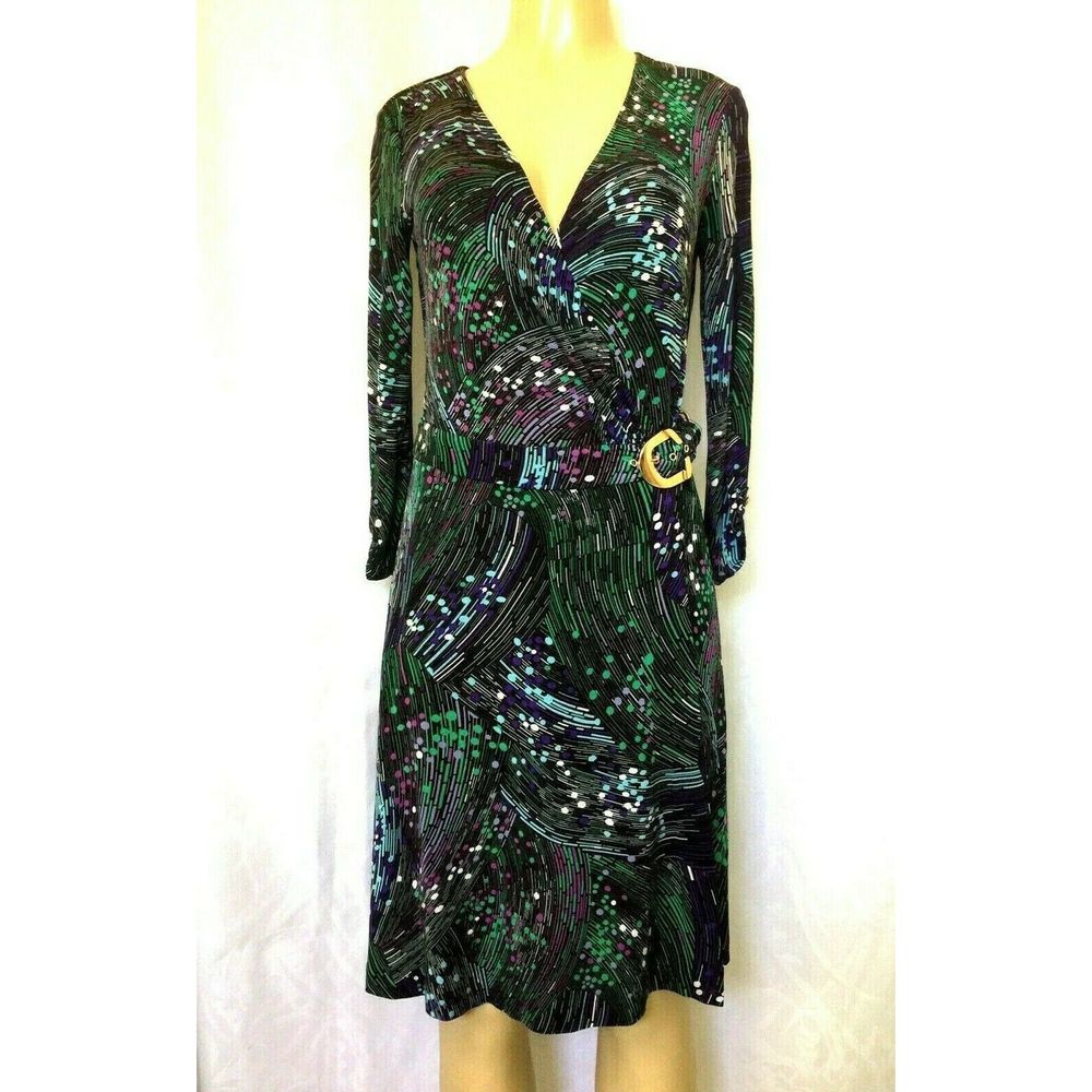 Cache Wrap Dress Purple Teal 3/4 Sleeve V Neck M